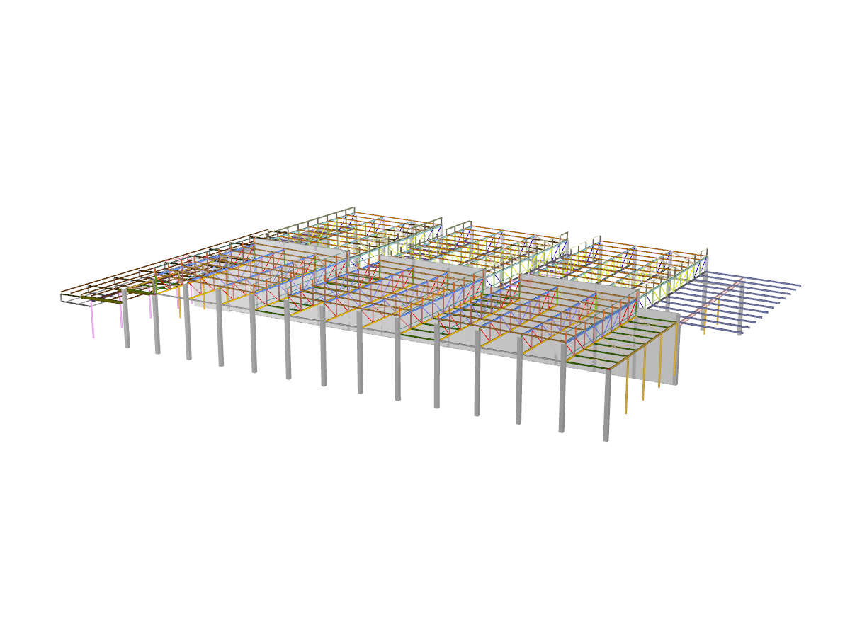 Gesamtmodell der Hallen in RFEM (Für Präsentationszwecke, © Isenmann Ingenieure)