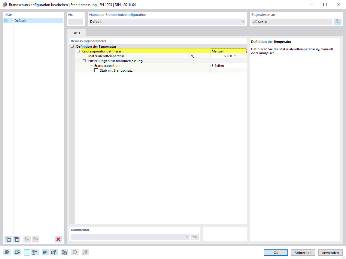Brandschutzkonfiguration mit manuell definierter Temperatur - Stahlbemessung nach EN 1993