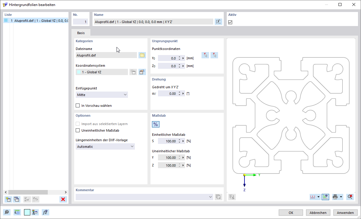 Dialog 'Hintergrundfolie'