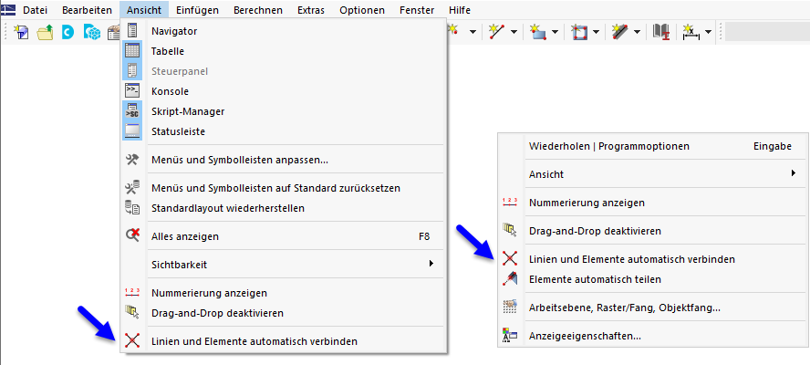 Funktion 'Linien/Elemente automatisch verbinden' im Menü und allgemeinen Kontextmenü