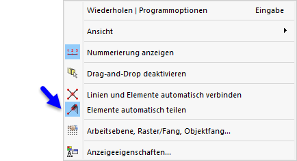 Funktion 'Elemente automatisch teilen' im allgemeinen Kontextmenü