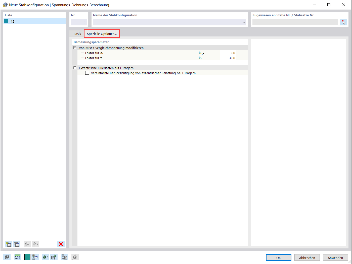 Stabkonfiguration | Spezielle Optionen