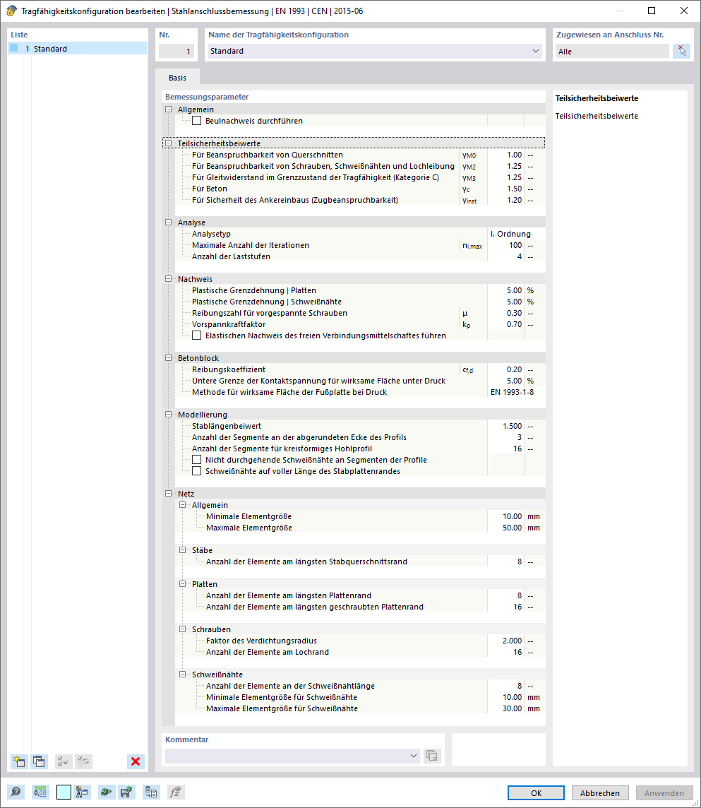 Bemessungsparameter einer Tragfähigkeitskonfiguration