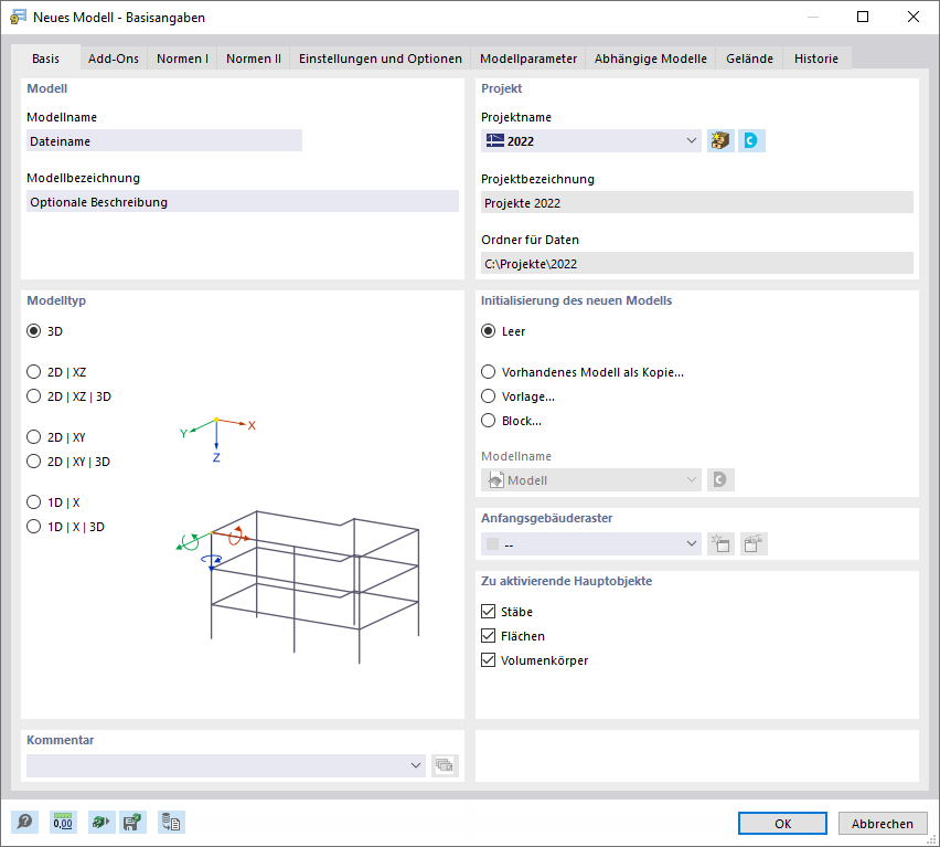 Dialog 'Neues Modell - Basisangaben', Register 'Basis'