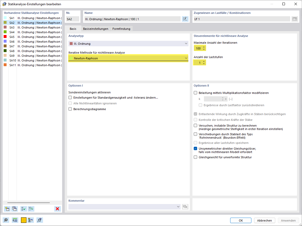 Statikanalyse-Einstellung, Register Basis