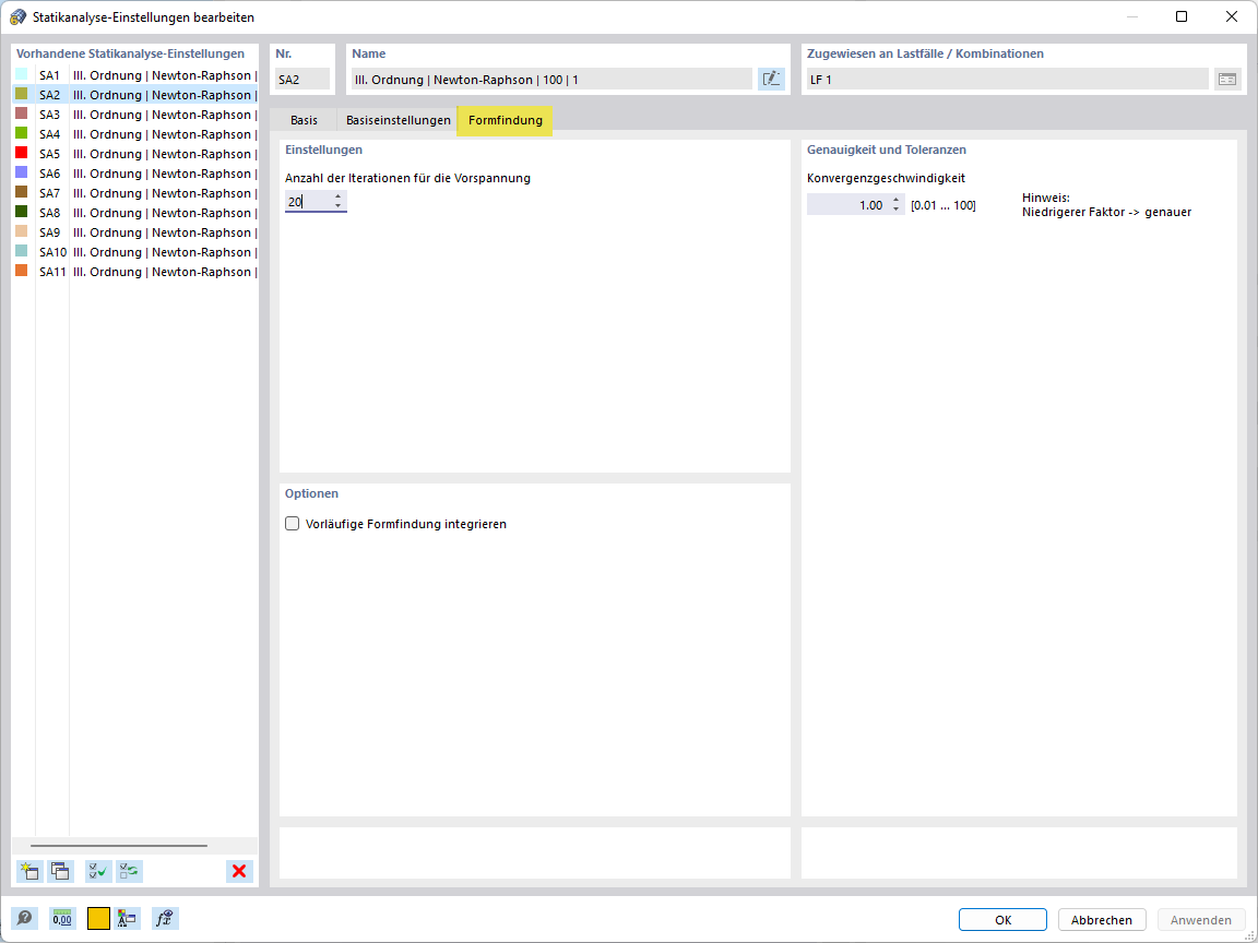 Statikanalyse-Einstellung, Register Formfindung