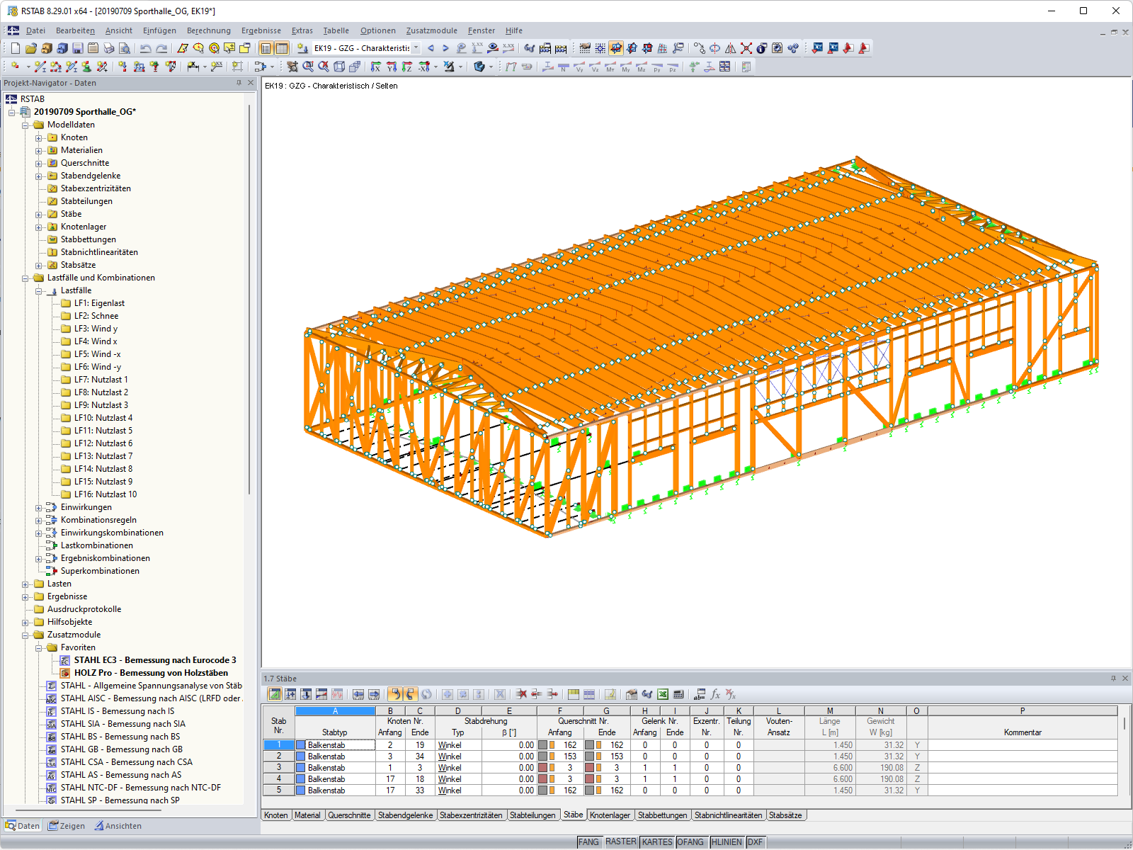 3D-Modell der Hallenkonstruktion aus Holz in RSTAB (© MARX KRONTAL PARTNER)