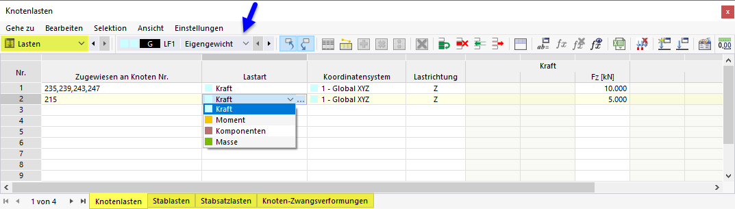 Lasten in Tabelle