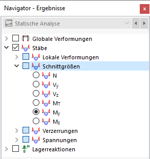 Stabschnittgrößen im Navigator auswählen