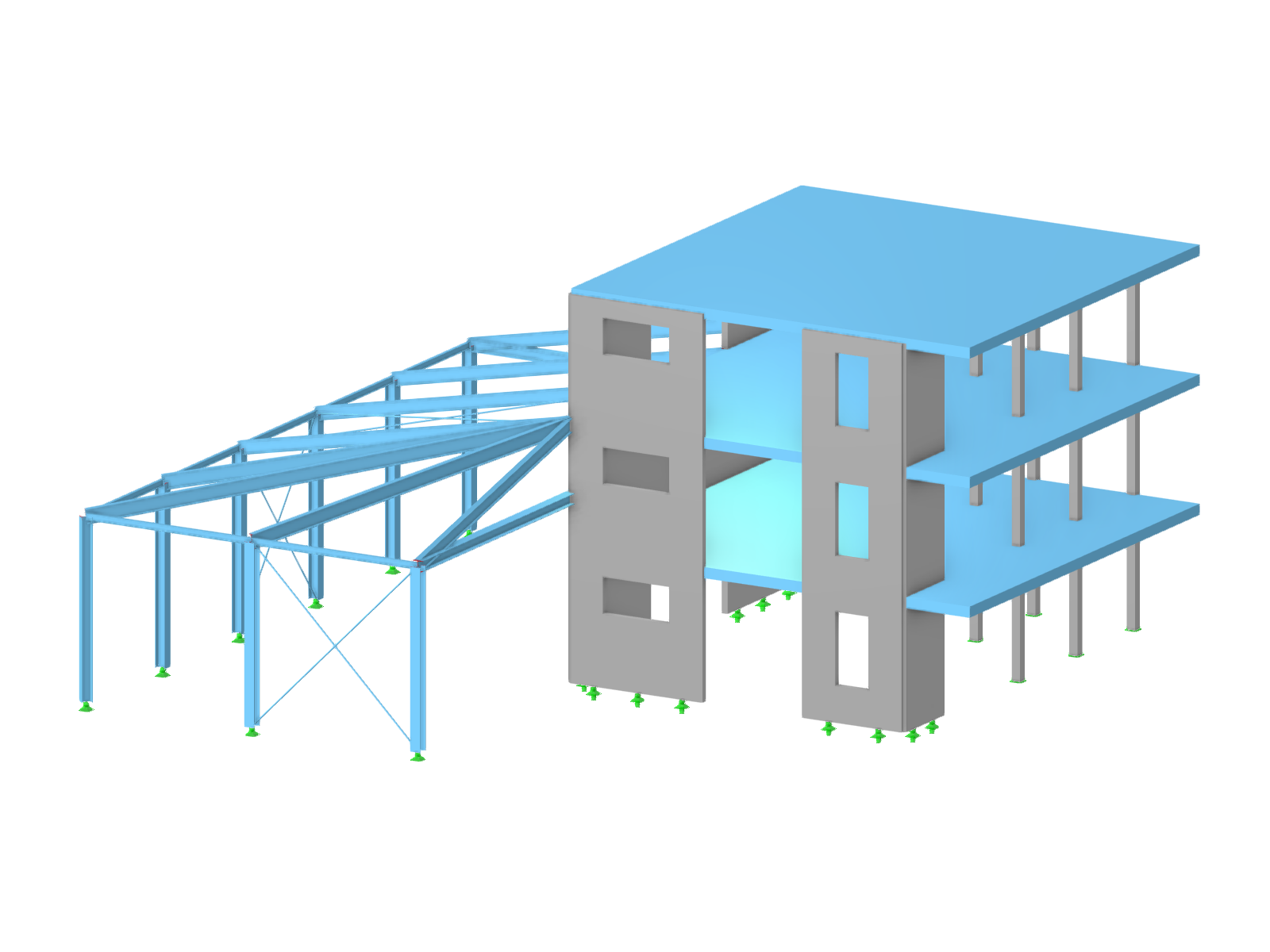 Gebäude aus Stahlbeton mit Anbau aus Stahl