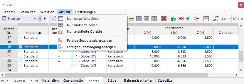 Tabellenmenü 'Ansicht'