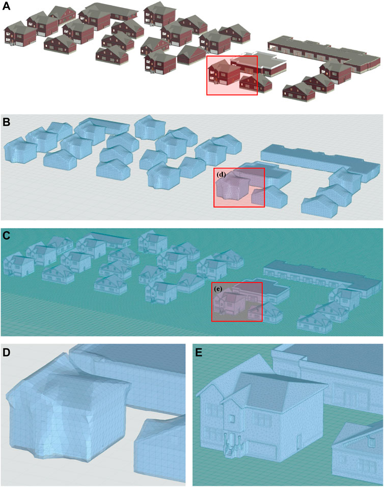 Geometriegenerierung für Gebäude auf der Ebene von einer Gemeinde (A) BIM-Modell der Gemeinde; (B) Geometrie mit niedriger Auflösung; (C) Geometrie mit hoher Auflösung; (D–E) Detailansichten von den Gebäuden, wo die Größe des zur Erzeugung der Geometrie verwendeten Netzes angezeigt wird