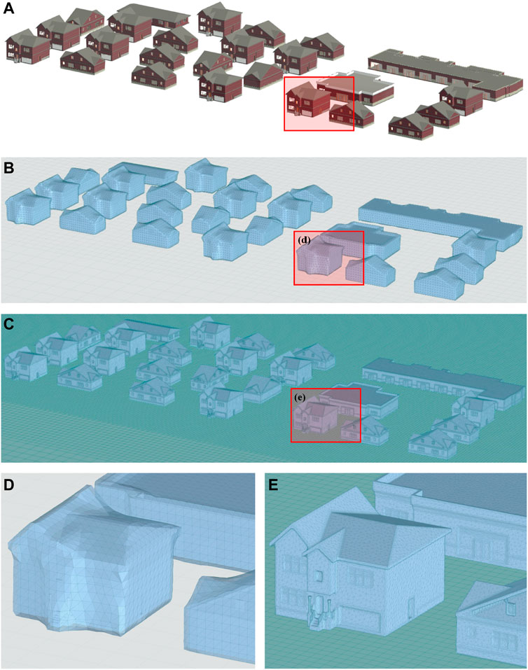 Generierung von Geometrie auf Gemeindeebene für Gebäude (A) BIM-Modell der Gemeinde; (B) Geometrie mit niedriger Auflösung; (C) Geometrie mit hoher Auflösung; (D-E) Nahaufnahmen von Gebäuden, die die Größe des zur Geometriegenerierung verwendeten Netzes zeigen