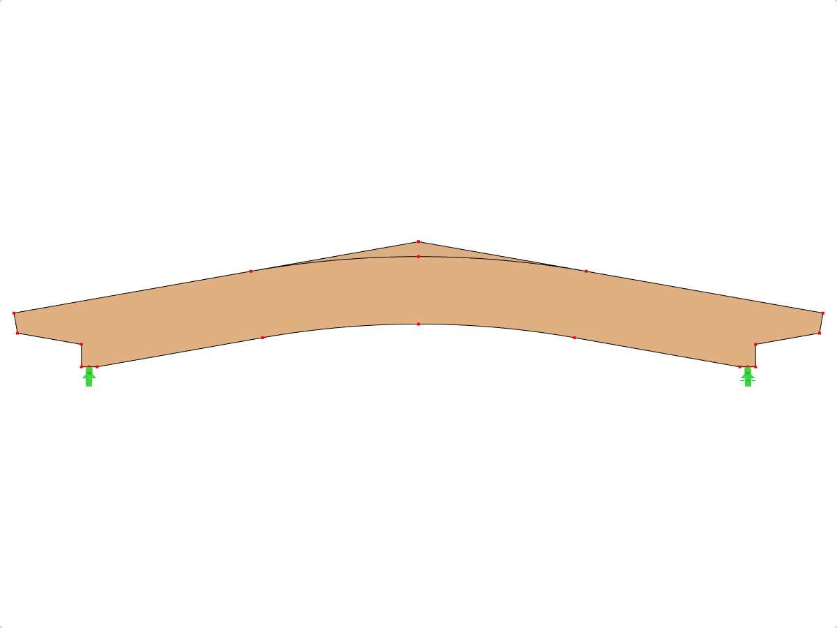 Modell-ID 593 | GLB0515 | Brettschichtholzträger | Gekrümmter Untergurt | Konstante Höhe | Symmetrisch | Gevoutete Kragarme versetzt | Mit lose aufgesetztem Firstkeil