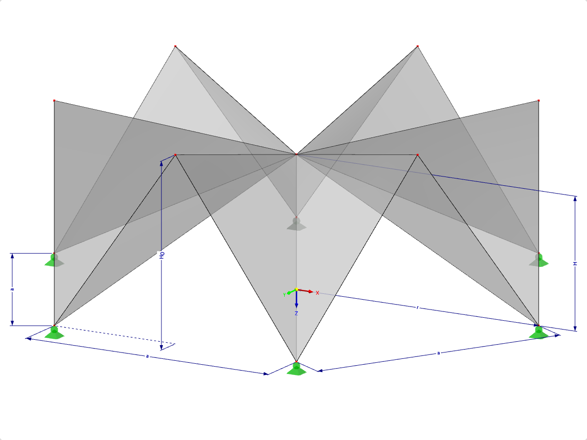 Modell 000501 | FPC008-a | Prismatische Faltwerksysteme. Einfach gefaltete Flächen über fünfeckigem Grundriss, Firsten zur Mitte gefaltet, mit Parametern