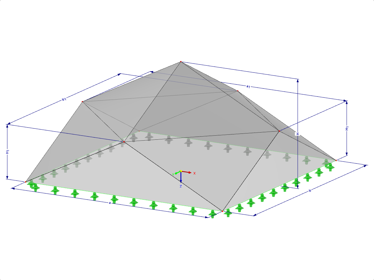 Modell 000507 | FPC021 | Pyramidenförmige Faltwerksysteme. Gefaltete Dreiecksflächen. Rechteckiger Grundriss mit Parametern