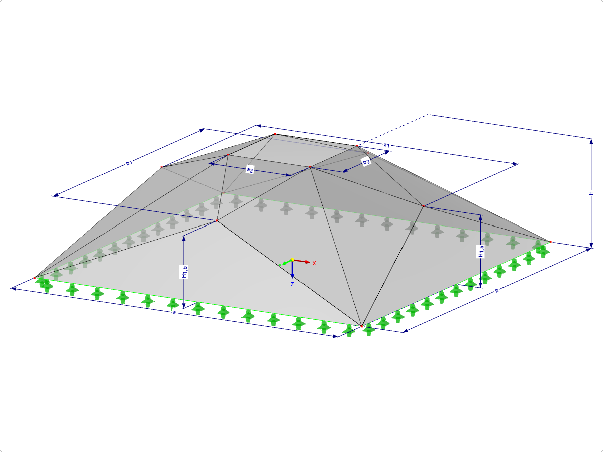 Modell 000514 | FPC030 | Pyramidenförmige Faltwerksysteme. Doppelt gefalteter Pyramidenstumpf. Rechteckiger Grundriss mit Parametern