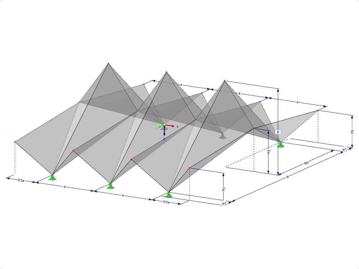 Modell 000525 | FPL104 | Prismatische Faltwerksysteme. Flächen mit gegenläufiger Faltung. Mittelfalte erhöht über die Falte am First. Faltung First-zu-Kehle mit Parametern