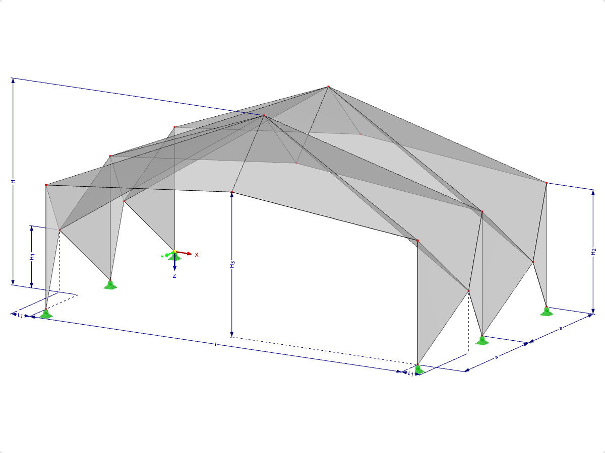 Modell 000529 | FPL120 | Prismatische Faltwerksysteme. Lineares Struktursystem aus gefalteten Flächen. Zweigelenkrahmen: Faltung First-zu-First mit Parametern