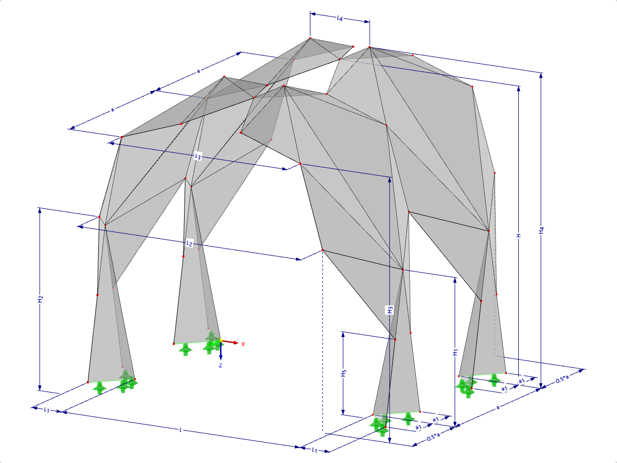 Modell 000548 | FPL124-b (Allgemeinere Variante zu 034-FPL124-a) | Prismatische Faltwerksysteme. Lineares Struktursystem aus gefalteten Flächen. Bogen mit oberem Gelenk mit Parametern