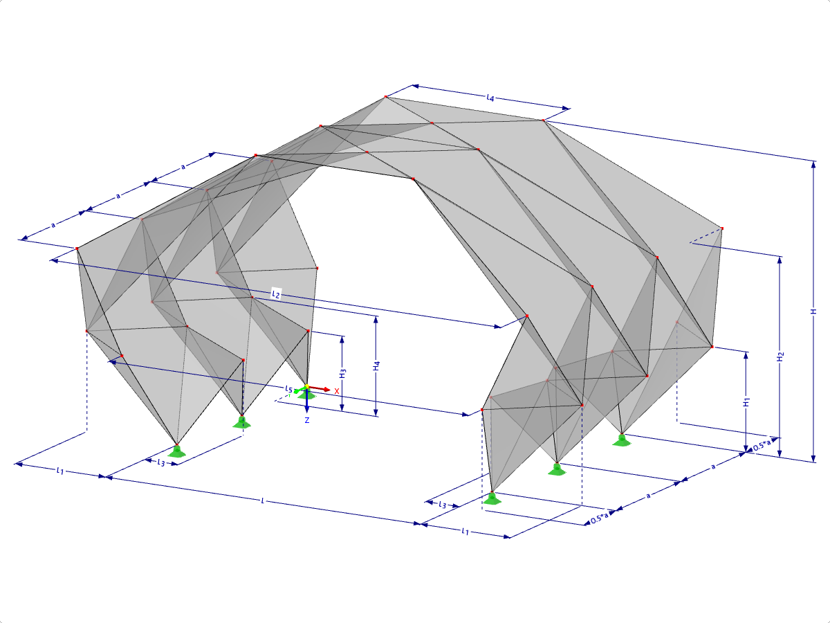 Modell 000550 | FPL125-b (Allgemeinere Variante zu 034-FPL125-a) | Prismatische Faltwerksysteme. Lineares Struktursystem aus gefalteten Flächen. Dreigelenkbogen mit Parametern