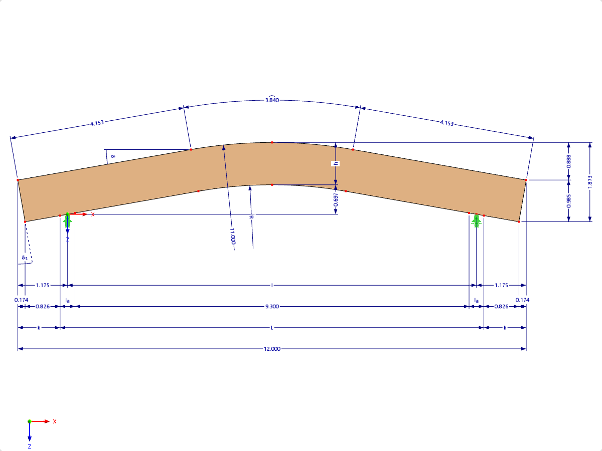 Modell 000583 | GLB0403 | Brettschichtholzträger | Gebogen | Konstante Höhe | Symmetrisch | Parallele Kragarme mit Parametern