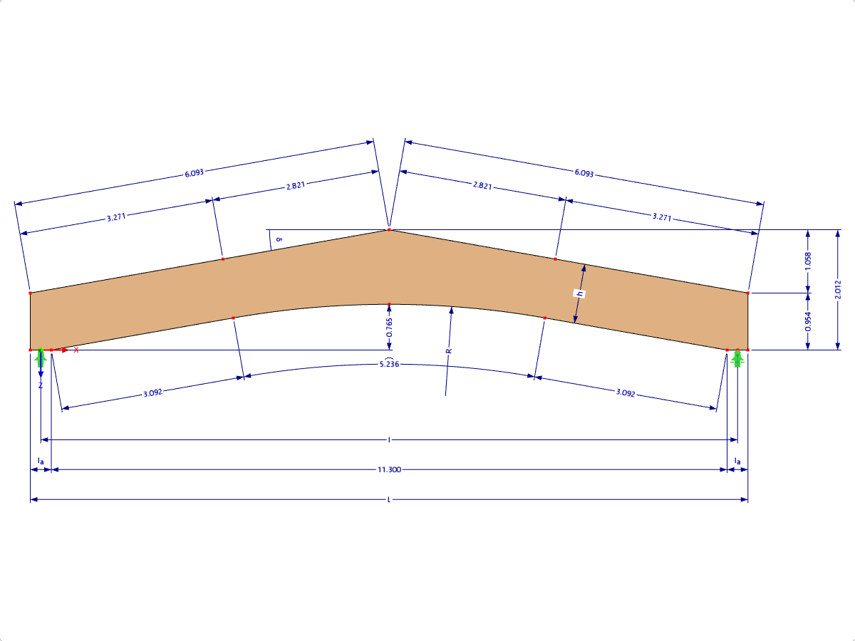 Modell 000585 | GLB0501 | Brettschichtholzträger | Gekrümmter Untergurt | Konstante Höhe | Symmetrisch | Ohne lose aufgesetzten Firstkeil mit Parametern