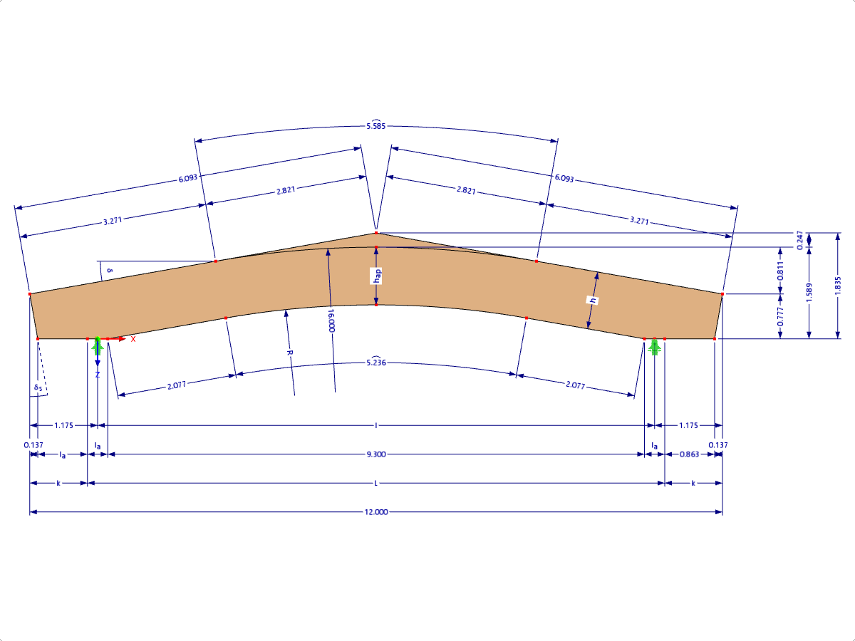 Modell 000587 | GLB0512 | Brettschichtholzträger | Gekrümmter Untergurt | Konstante Höhe | Symmetrisch | Horizontale Kragarme | Mit lose aufgesetztem Firstkeil mit Parametern