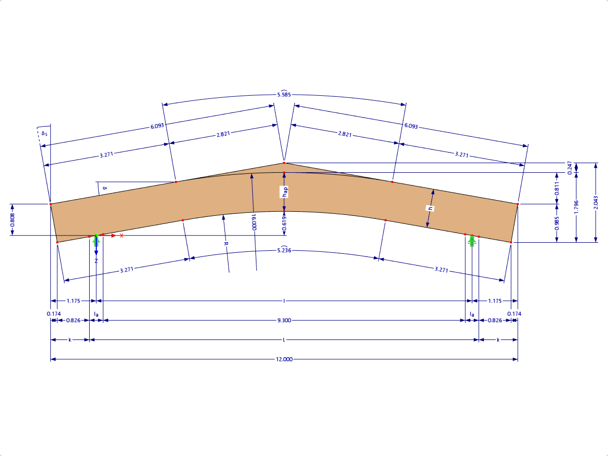 Modell 000589 | GLB0513 | Brettschichtholzträger | Gekrümmter Untergurt | Variable Höhe | Symmetrisch | Parallele Kragarme | Mit lose aufgesetztem Firstkeil mit Parametern