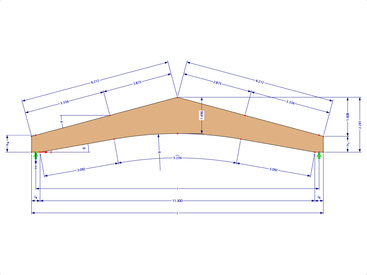Modell 000604 | GLB0601 | Brettschichtholzträger | Gekrümmter Untergurt | Variable Höhe | Symmetrisch | Ohne lose aufgesetzten Firstkeil mit Parametern