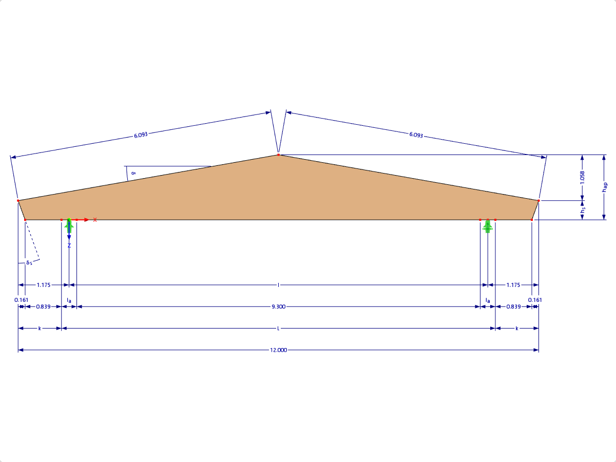 Modell 000623 | GLB0302 | Brettschichtholzträger | Satteldachträger | Symmetrisch | Horizontale Kragarme mit Parametern