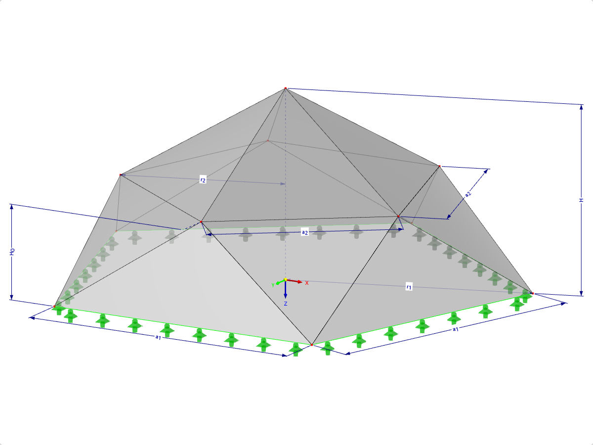 Modell 001326 | FPC022-b (Allgemeinere Variante zu 034-FPC022-a) | Pyramidenförmige Faltwerksysteme. Gefaltete Dreiecksflächen. Fünfeckiger Grundriss mit Parametern