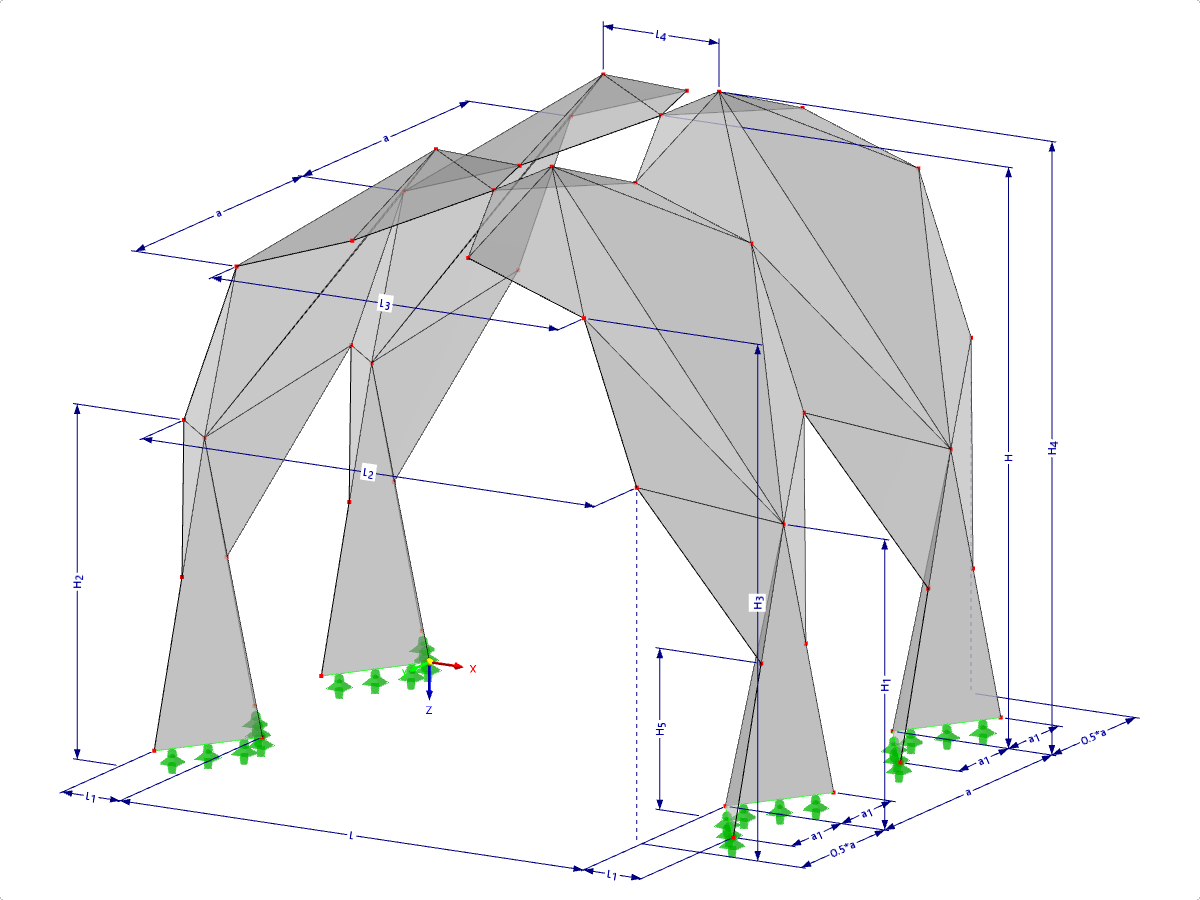 Modell 001393 | FPL124-a | Prismatische Faltwerksysteme. Lineares Struktursystem aus gefalteten Flächen. Bogen mit oberem Gelenk mit Parametern