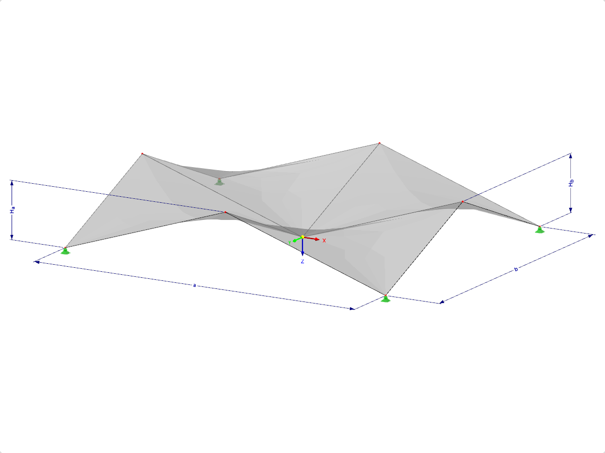 Modell 002106 | SHH026 | Antiklastische Schalen | Vier "Hyparflächen" über rechteckigem Grundriss | Alle Begrenzungen und Falten abgeschrägt mit Parametern