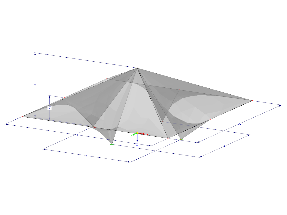 Modell 002122 | SHH050 | Antiklastische Schalen | Systeme zur Definition des Raums mit geradlinigen "Hyparflächen" | Acht "Hyparflächen" über rechteckigem Grundriss mit Parametern