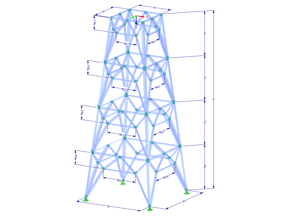 Modell 002226 | TSR053-b | Gittermast | Rechteckiger Grundriss | K-Diagonalen unten (polygonal) & zwischenliegende Horizontalen mit Parametern