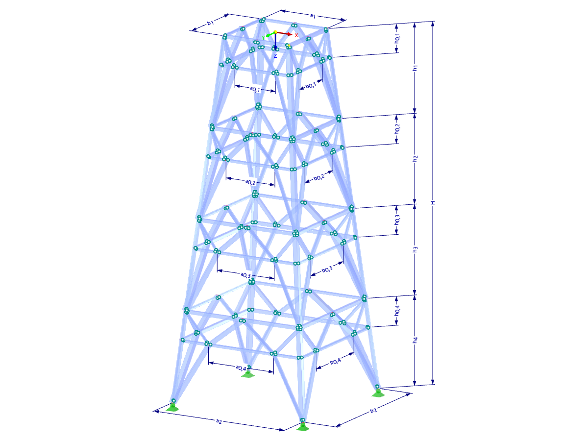 Modell 002227 | TSR054-b | Gittermast | Rechteckiger Grundriss | K-Diagonalen unten (polygonal) & zwischenliegende Horizontalen mit Parametern