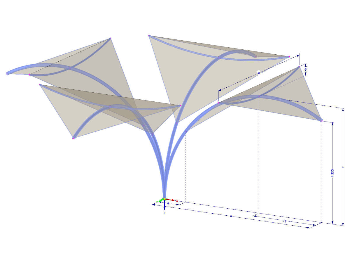 Modell 002771 | TMS050 | Membran- und Seilnetzstruktur mit Parametern