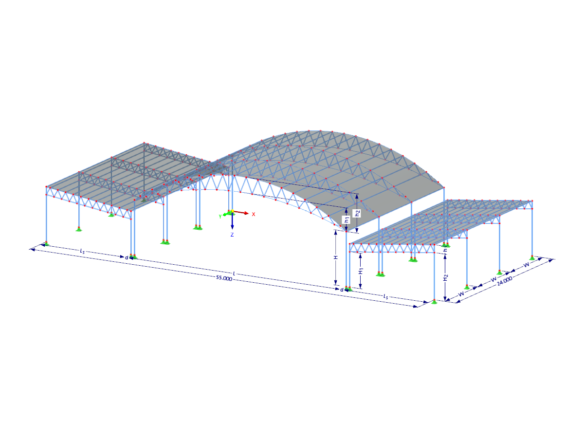 Modell 003479 | FTS005 | Symmetrischer Aufbau mit weitgespanntem Fachwerkträger in der Mitte mit Parametern