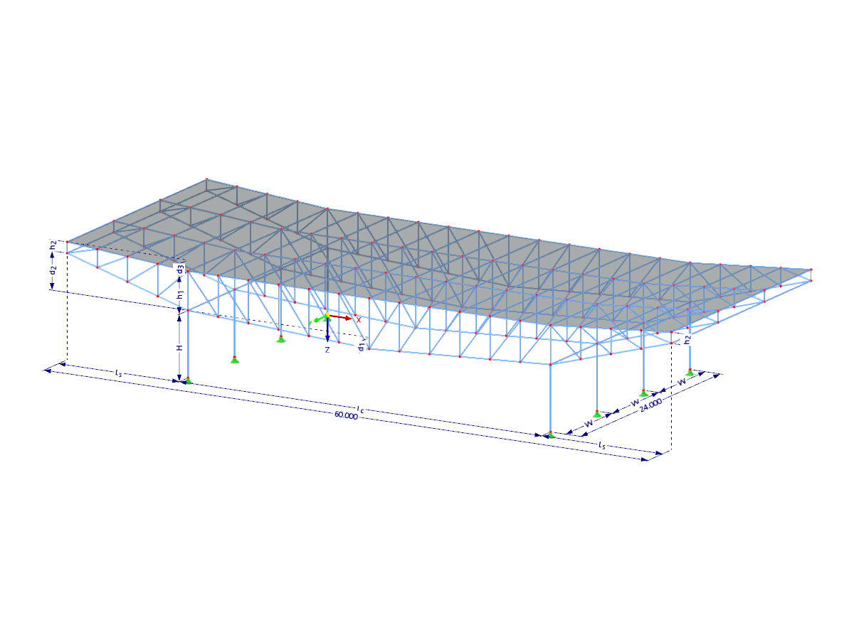 Modell 003503 | FTS008 | Auskragendes freitragendes Tragwerk | Fachwerkträger mit auskragenden Enden mit Parametern