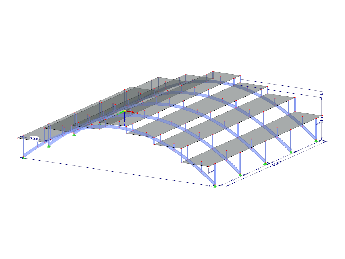 Modell 003707 | AS002 | Bogenkonstruktionen | Parabelbögen zur Unterstützung einer horizontalen Dachkonstruktion mit Parametern