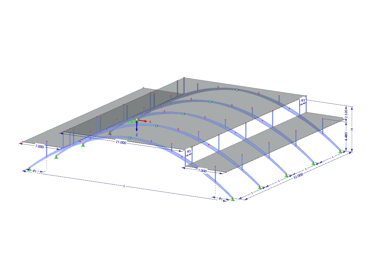 Modell 003713 | AS004 | Bogenkonstruktionen | Parabelbögen zur Unterstützung einer horizontalen Dachkonstruktion mit Parametern