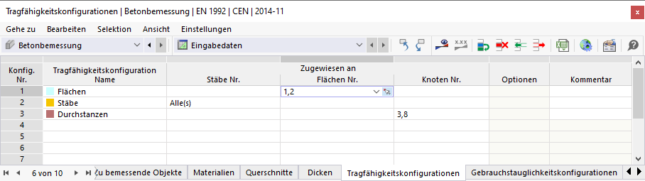 Objekte in Tabelle einer Bemessungskonfiguration zuweisen