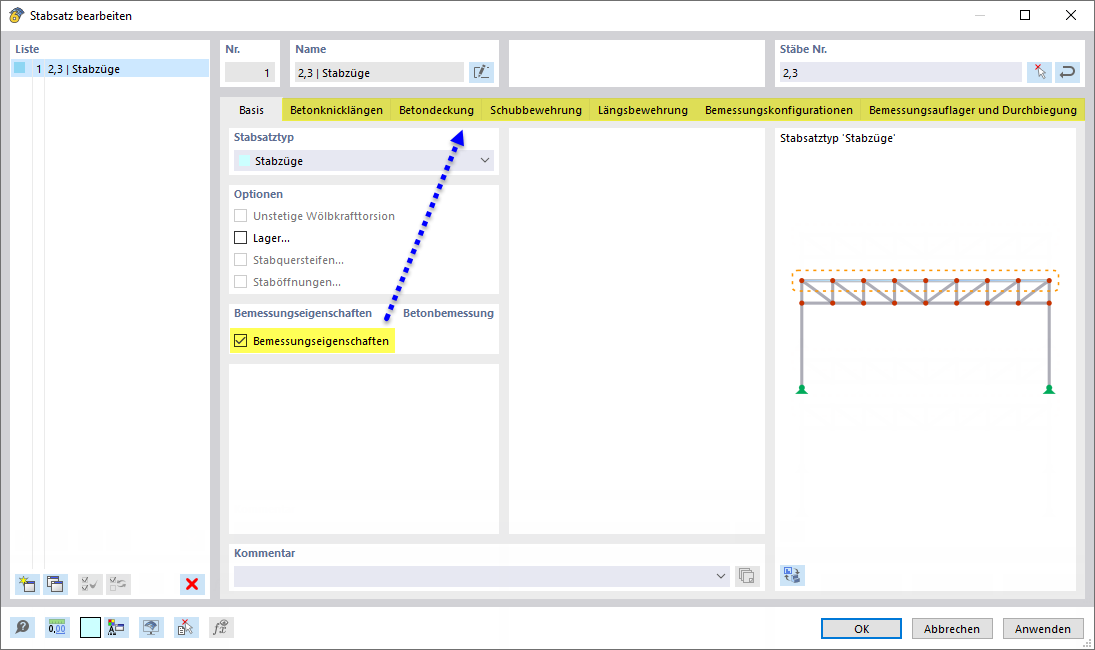 Bemessungseigenschaften eines Stabsatzes aktivieren