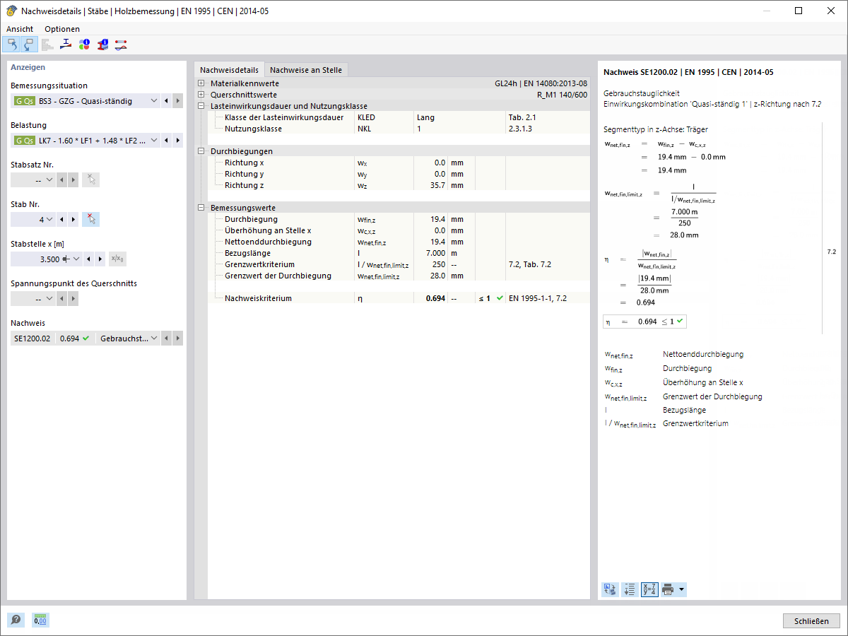 Nachweisdetails für Durchbiegungsnachweis des Querträgers
