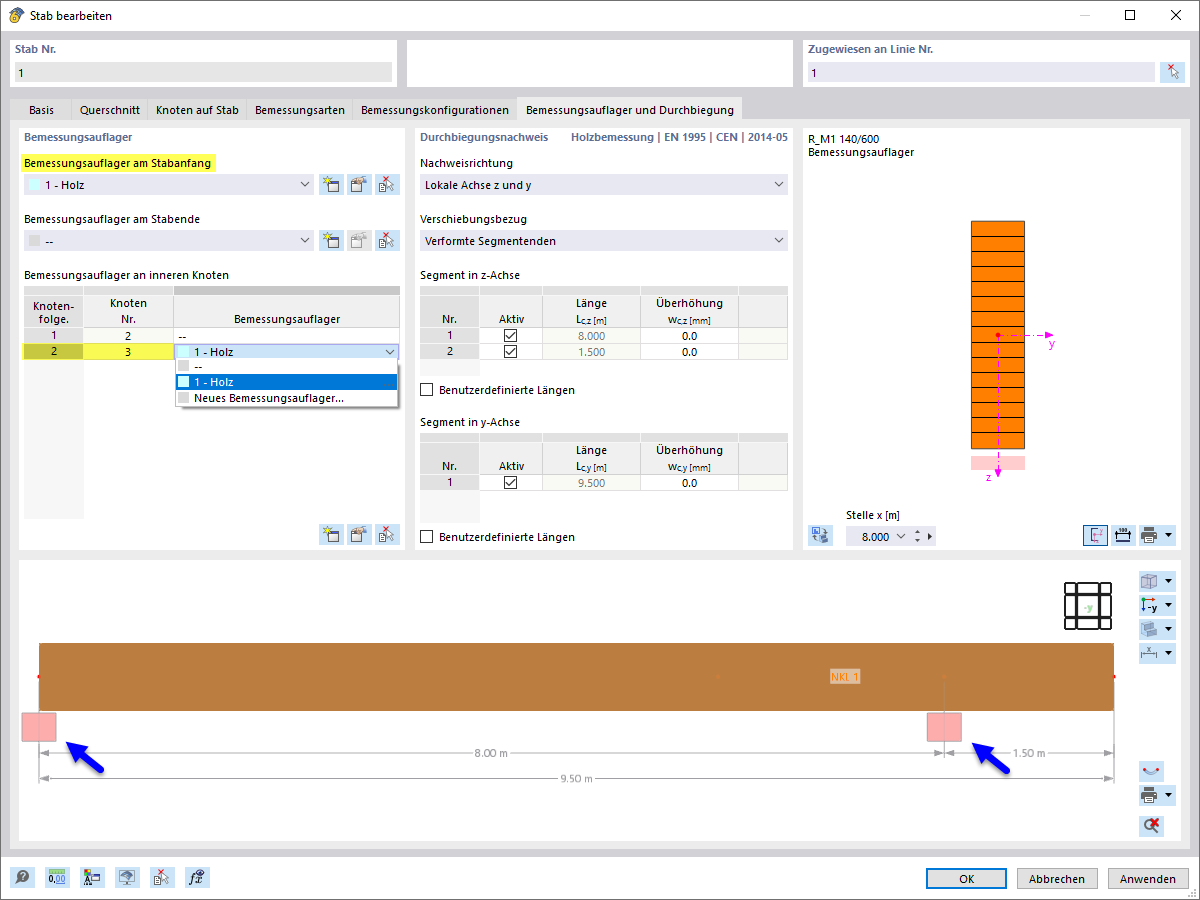 Bemessungsauflager zuweisen