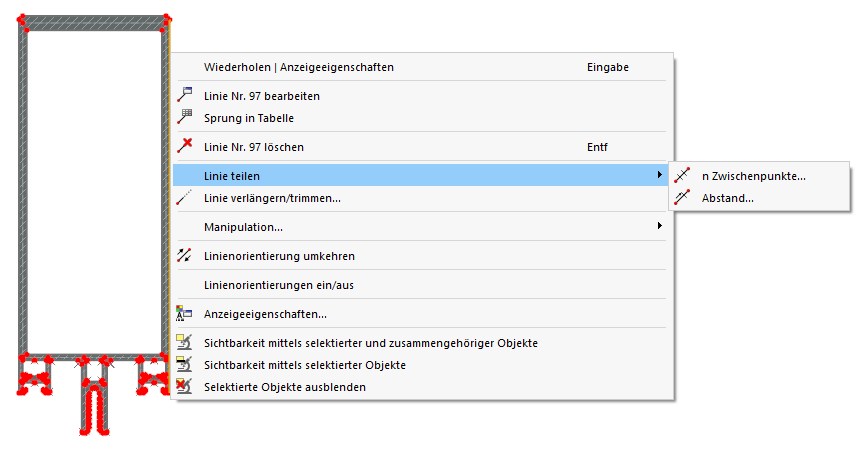 Linie über Kontextmenü teilen