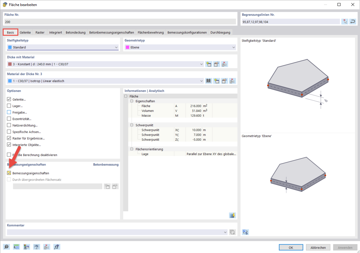 Bemessungseigenschaften einer Fläche aktivieren