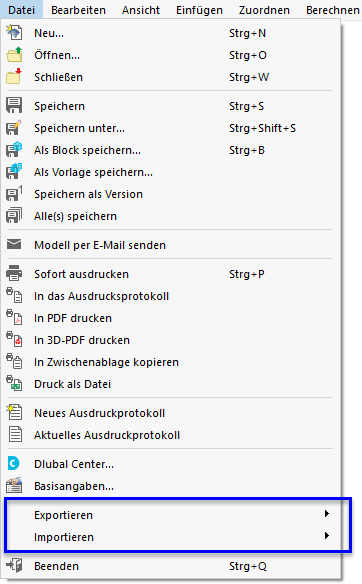 Schnittstellen im Menü 'Datei' aufrufen