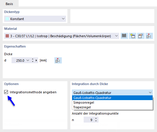 Integrationsmethode für Flächendicke festlegen